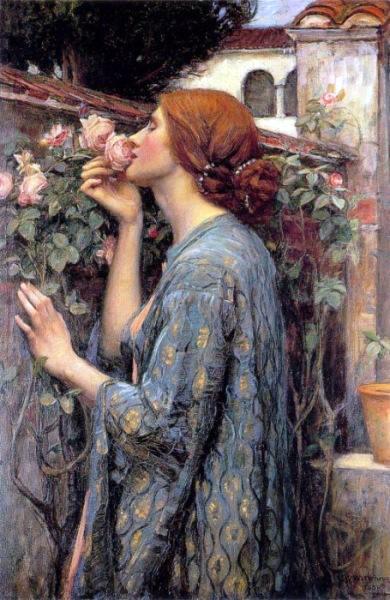 painting of a fancy woman smelling a rose
